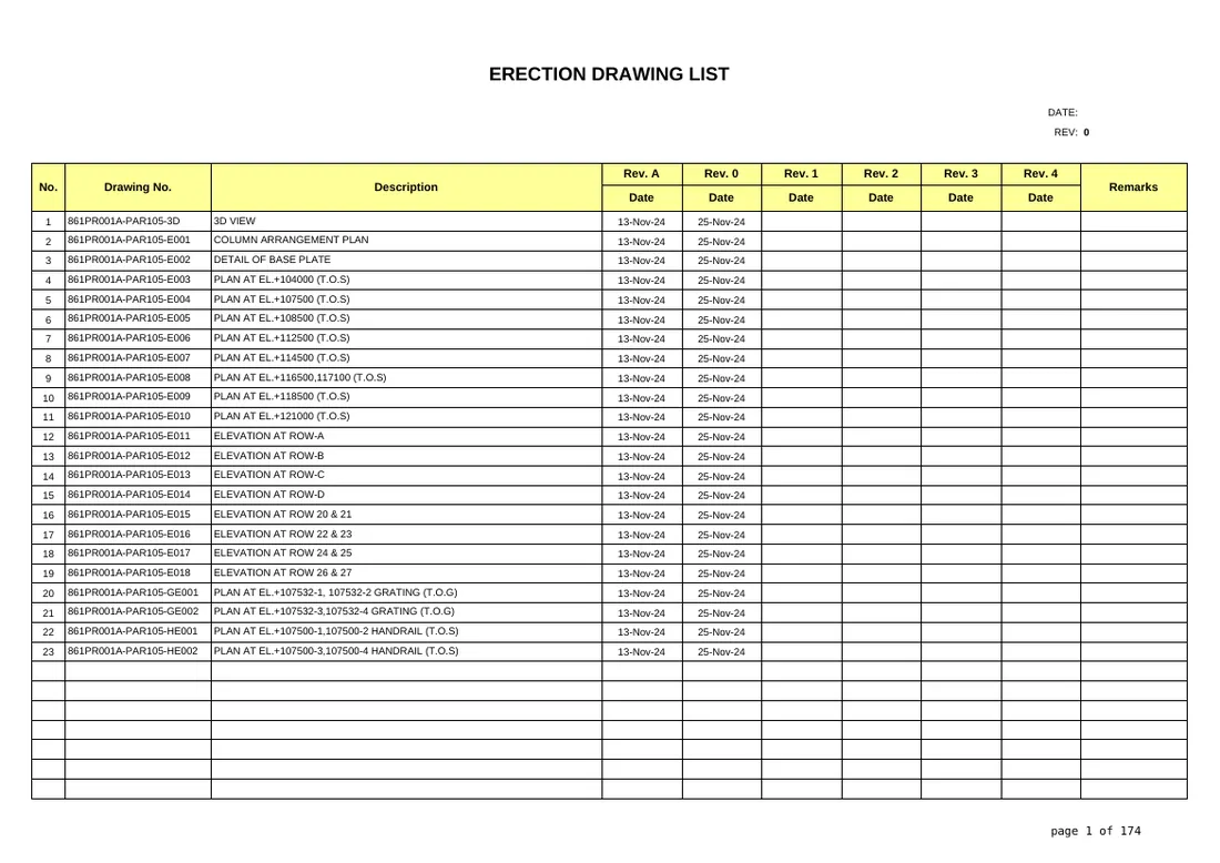 Erection drawing list from the BOM workbook